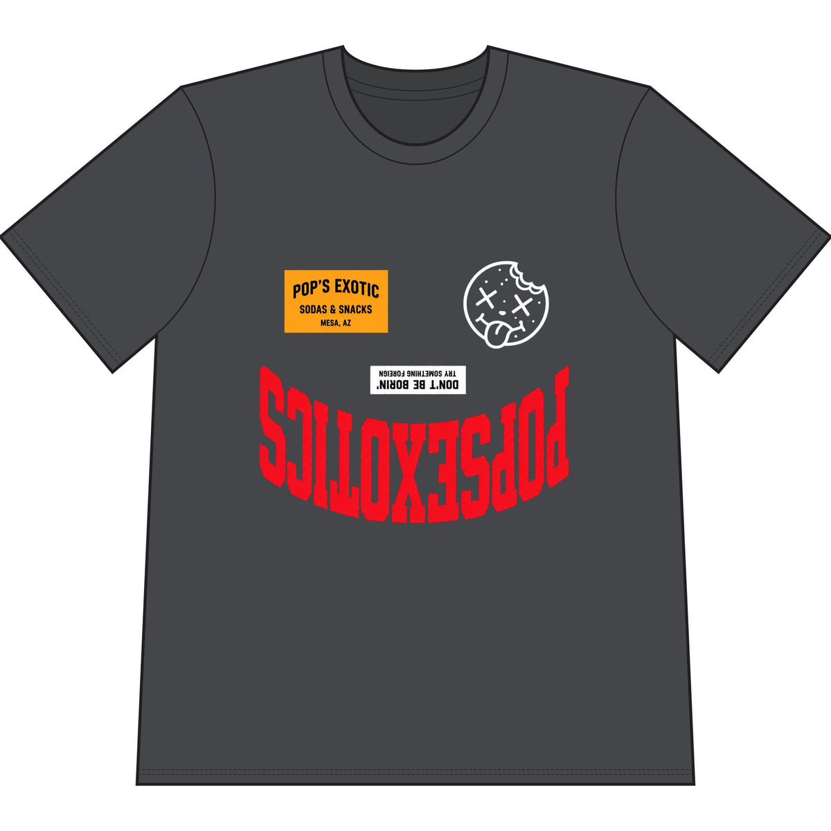 Pop's Exotics Graphic T-Shirt — Bold Upside-Down Logo