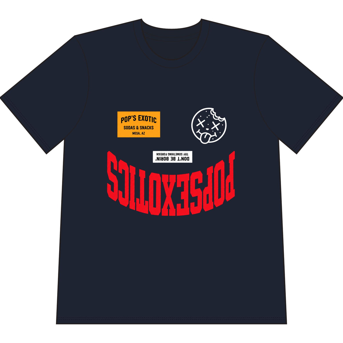 Pop's Exotics Graphic T-Shirt — Bold Upside-Down Logo